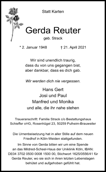 Anzeige von Gerda Reuter von Kölner Stadt-Anzeiger / Kölnische Rundschau / Express