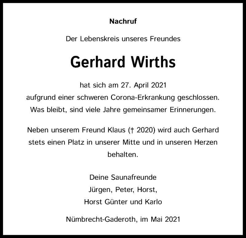  Traueranzeige für Gerhard Wirths vom 08.05.2021 aus Kölner Stadt-Anzeiger / Kölnische Rundschau / Express