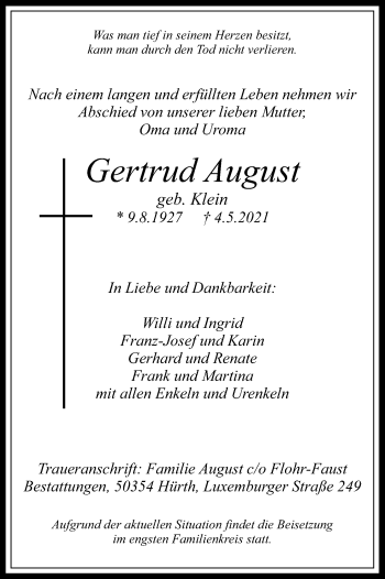 Anzeige von Gertrud August von Kölner Stadt-Anzeiger / Kölnische Rundschau / Express