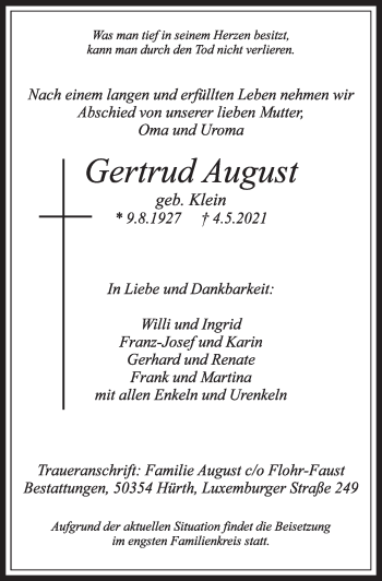 Anzeige von Gertrud August von  Wochenende 