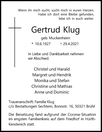 Anzeige von Gertrud Klug von Kölner Stadt-Anzeiger / Kölnische Rundschau / Express