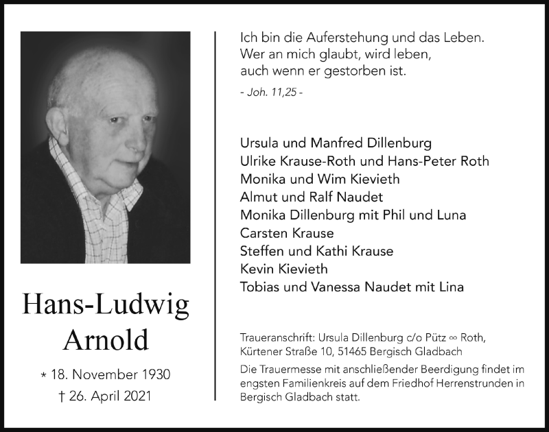  Traueranzeige für Hans-Ludwig Arnold vom 07.05.2021 aus  Bergisches Handelsblatt 