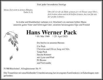 Anzeige von Hans Werner Pack von  Anzeigen Echo 