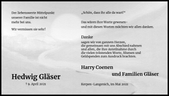 Anzeige von Hedwig Gläser von Kölner Stadt-Anzeiger / Kölnische Rundschau / Express