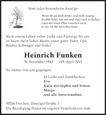 Anzeige von Heinrich Funken von  Wochenende 