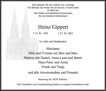 Anzeige von Heinz Gippert von  Wochenende 