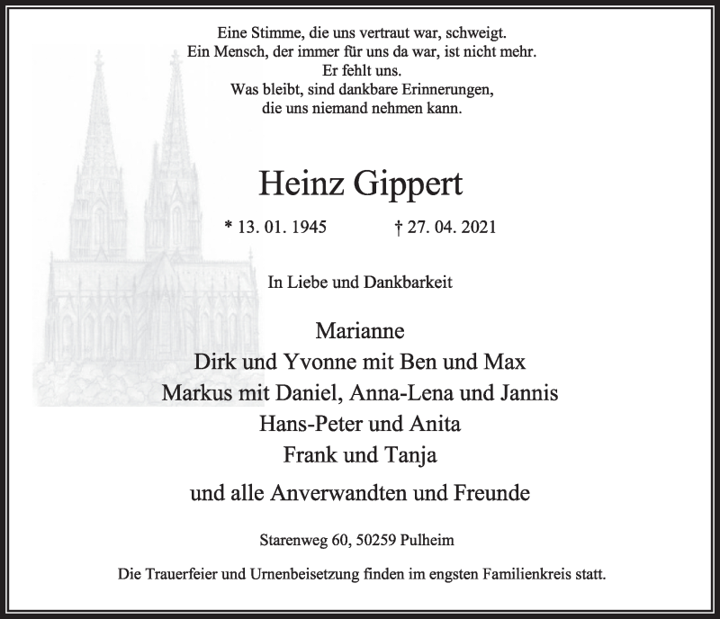 Traueranzeige für Heinz Gippert vom 07.05.2021 aus  Wochenende 