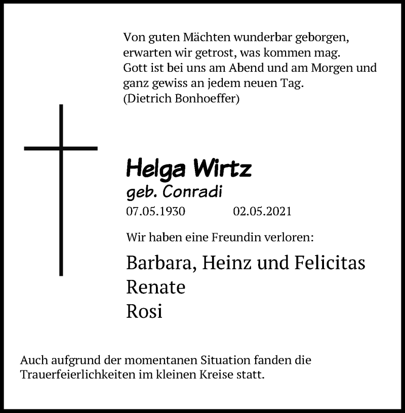  Traueranzeige für Helga Wirtz vom 07.05.2021 aus Kölner Stadt-Anzeiger / Kölnische Rundschau / Express
