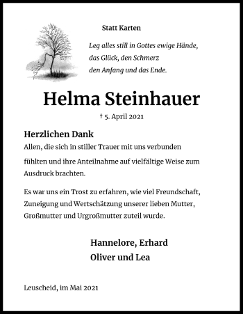 Anzeige von Helma Steinhauer von Kölner Stadt-Anzeiger / Kölnische Rundschau / Express