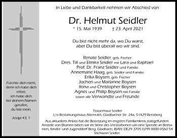Anzeige von Helmut Seidler von Kölner Stadt-Anzeiger / Kölnische Rundschau / Express