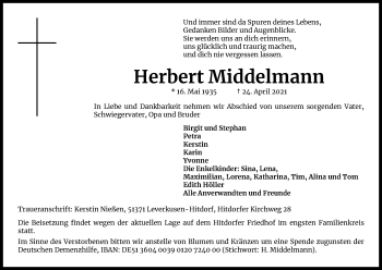 Anzeige von Herbert Middelmann von Kölner Stadt-Anzeiger / Kölnische Rundschau / Express