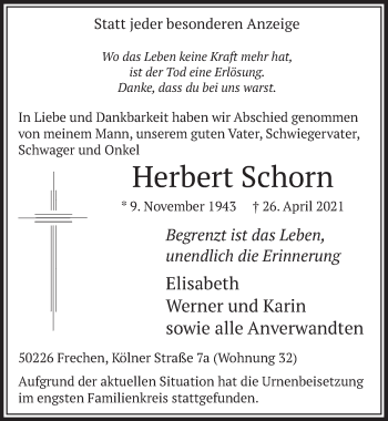 Anzeige von Herbert Schorn von  Wochenende 