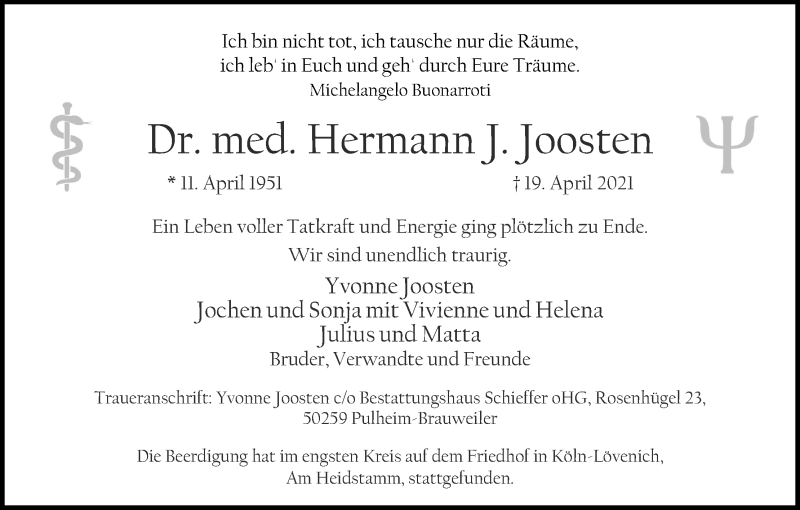  Traueranzeige für Hermann J. Joosten vom 08.05.2021 aus Kölner Stadt-Anzeiger / Kölnische Rundschau / Express