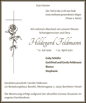 Anzeige von Hildegard Feldmann von  Schaufenster/Blickpunkt 