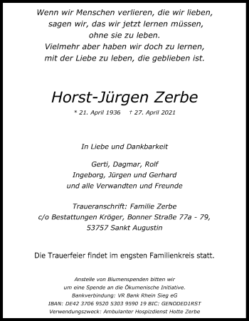 Anzeige von Horst-Jürgen Zerbe von Kölner Stadt-Anzeiger / Kölnische Rundschau / Express