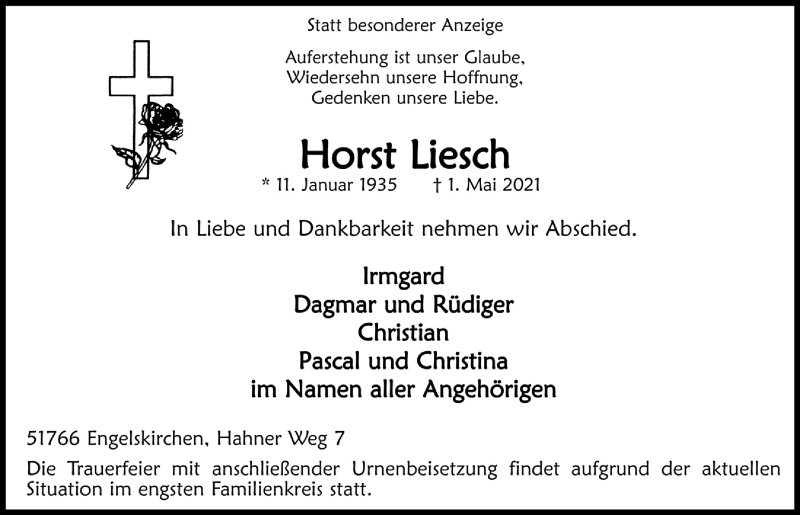  Traueranzeige für Horst Liesch vom 07.05.2021 aus  Anzeigen Echo 
