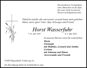 Anzeige von Horst Wasserfuhr von Kölner Stadt-Anzeiger / Kölnische Rundschau / Express