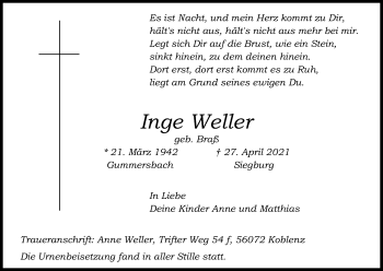 Anzeige von Inge Weller von Kölner Stadt-Anzeiger / Kölnische Rundschau / Express