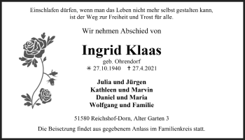 Anzeige von Ingrid Klaas von  Anzeigen Echo 