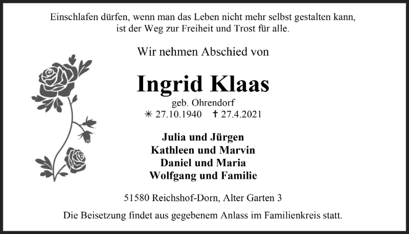  Traueranzeige für Ingrid Klaas vom 07.05.2021 aus  Anzeigen Echo 