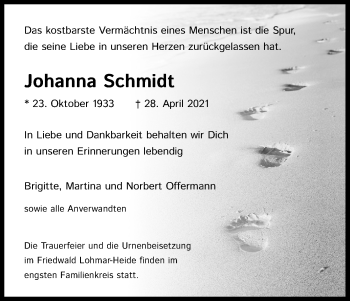 Anzeige von Johanna Schmidt von Kölner Stadt-Anzeiger / Kölnische Rundschau / Express