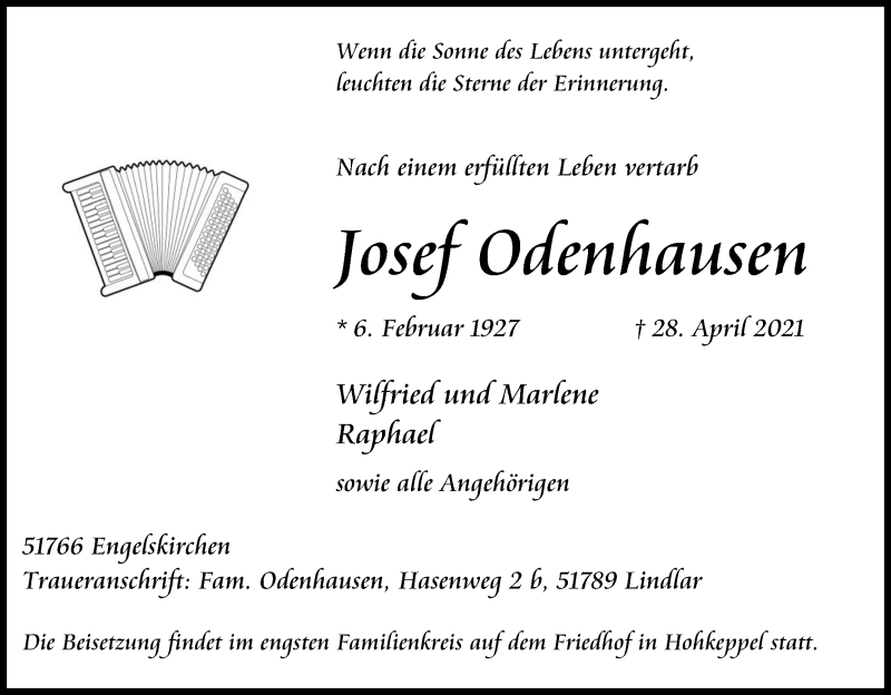  Traueranzeige für Josef Odenhausen vom 08.05.2021 aus Kölner Stadt-Anzeiger / Kölnische Rundschau / Express