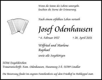 Anzeige von Josef Odenhausen von Kölner Stadt-Anzeiger / Kölnische Rundschau / Express