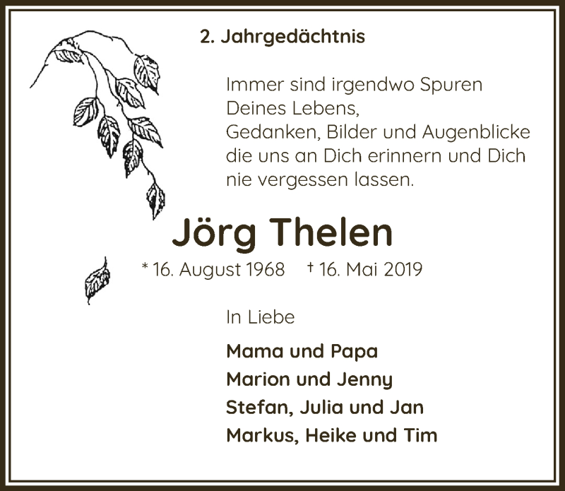  Traueranzeige für Jörg Thelen vom 08.05.2021 aus  Blickpunkt Euskirchen 