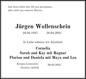 Anzeige von Jürgen Wollenschein von Kölner Stadt-Anzeiger / Kölnische Rundschau / Express
