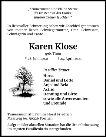 Anzeige von Karen Klose von Kölner Stadt-Anzeiger / Kölnische Rundschau / Express