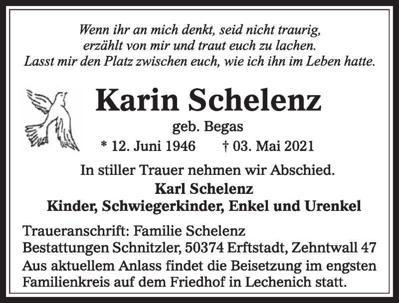  Traueranzeige für Karin Schelenz vom 07.05.2021 aus  Werbepost 