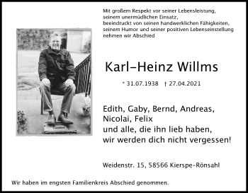 Anzeige von Karl-Heinz Willms von Kölner Stadt-Anzeiger / Kölnische Rundschau / Express