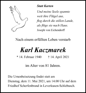 Anzeige von Karl Kaczmarek von Kölner Stadt-Anzeiger / Kölnische Rundschau / Express