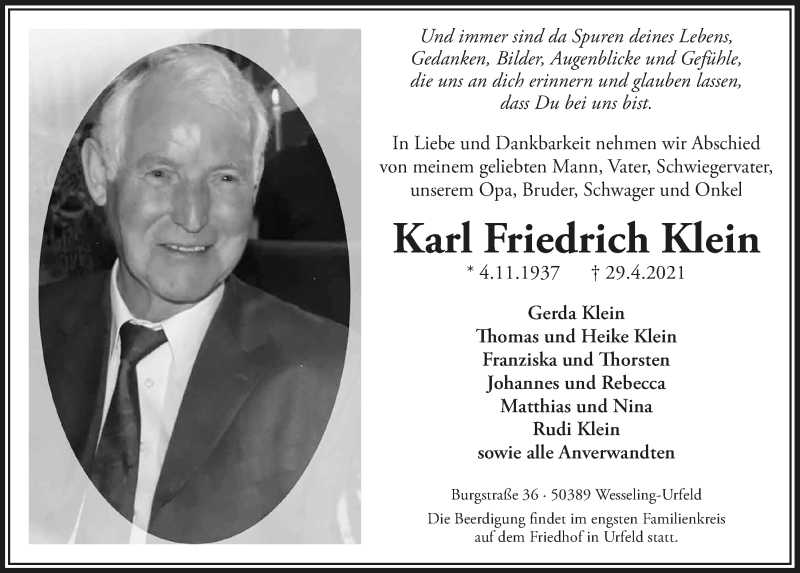  Traueranzeige für Karl Friedrich Klein vom 07.05.2021 aus  Schlossbote/Werbekurier 