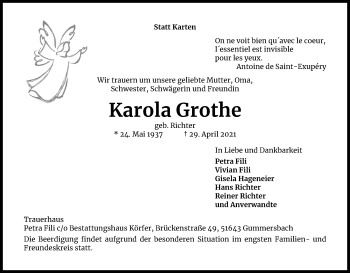 Anzeige von Karola Grothe von Kölner Stadt-Anzeiger / Kölnische Rundschau / Express
