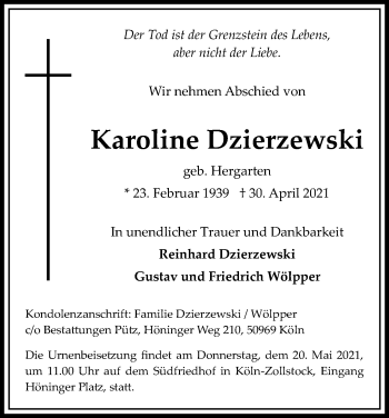 Anzeige von Karoline Dzierzewski von Kölner Stadt-Anzeiger / Kölnische Rundschau / Express