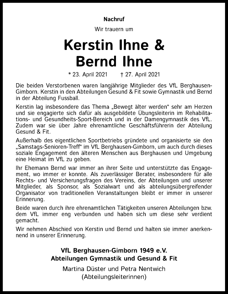  Traueranzeige für Kerstin Ihne vom 08.05.2021 aus Kölner Stadt-Anzeiger / Kölnische Rundschau / Express