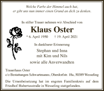 Anzeige von Klaus Oster von  Schlossbote/Werbekurier 