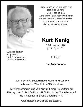 Anzeige von Kurt Kunig von Kölner Stadt-Anzeiger / Kölnische Rundschau / Express