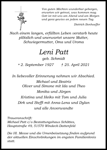 Anzeige von Leni Patt von Kölner Stadt-Anzeiger / Kölnische Rundschau / Express