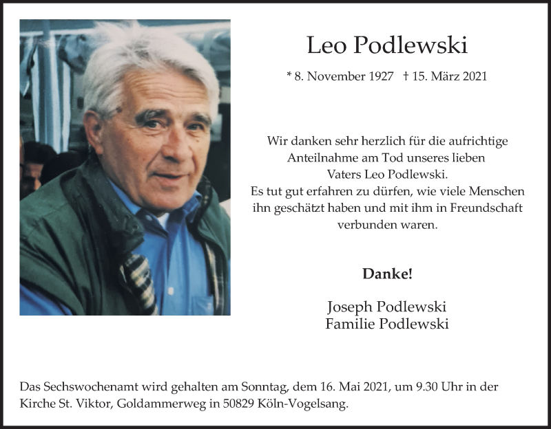  Traueranzeige für Leo Podlewski vom 08.05.2021 aus Kölner Stadt-Anzeiger / Kölnische Rundschau / Express
