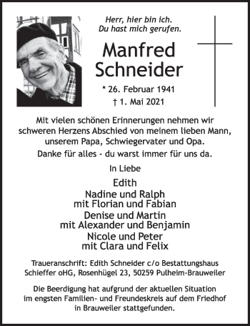 Anzeige von Manfred Schneider von  Wochenende 