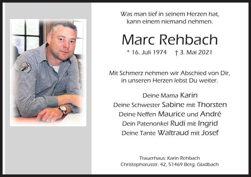  Traueranzeige für Marc Rehbach vom 08.05.2021 aus Kölner Stadt-Anzeiger / Kölnische Rundschau / Express