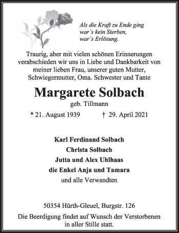 Anzeige von Margarete Solbach von  Wochenende 