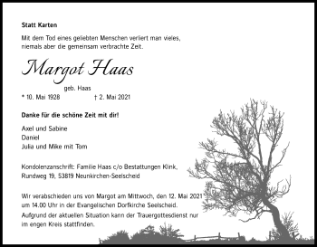 Anzeige von Margot Haas von Kölner Stadt-Anzeiger / Kölnische Rundschau / Express