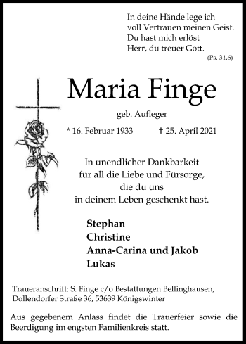 Anzeige von Maria Finge von Kölner Stadt-Anzeiger / Kölnische Rundschau / Express