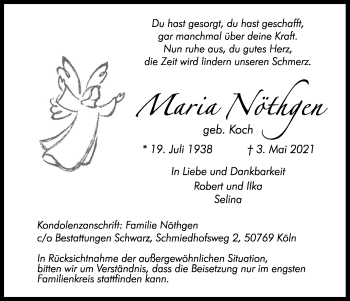 Anzeige von Maria Nöthgen von Kölner Stadt-Anzeiger / Kölnische Rundschau / Express