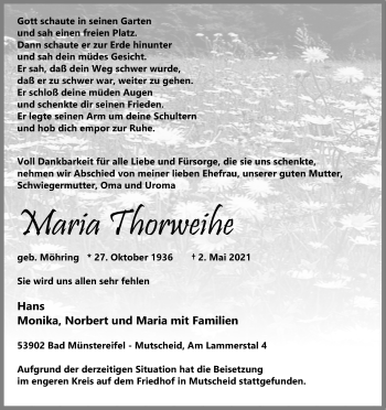 Anzeige von Maria Thorweihe von Kölner Stadt-Anzeiger / Kölnische Rundschau / Express