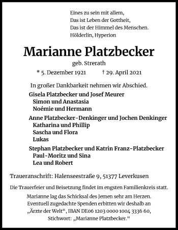 Anzeige von Marianne Platzbecker von Kölner Stadt-Anzeiger / Kölnische Rundschau / Express