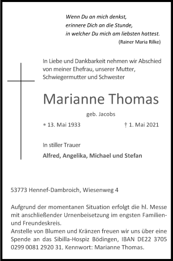Anzeige von Marianne Thomas von Kölner Stadt-Anzeiger / Kölnische Rundschau / Express